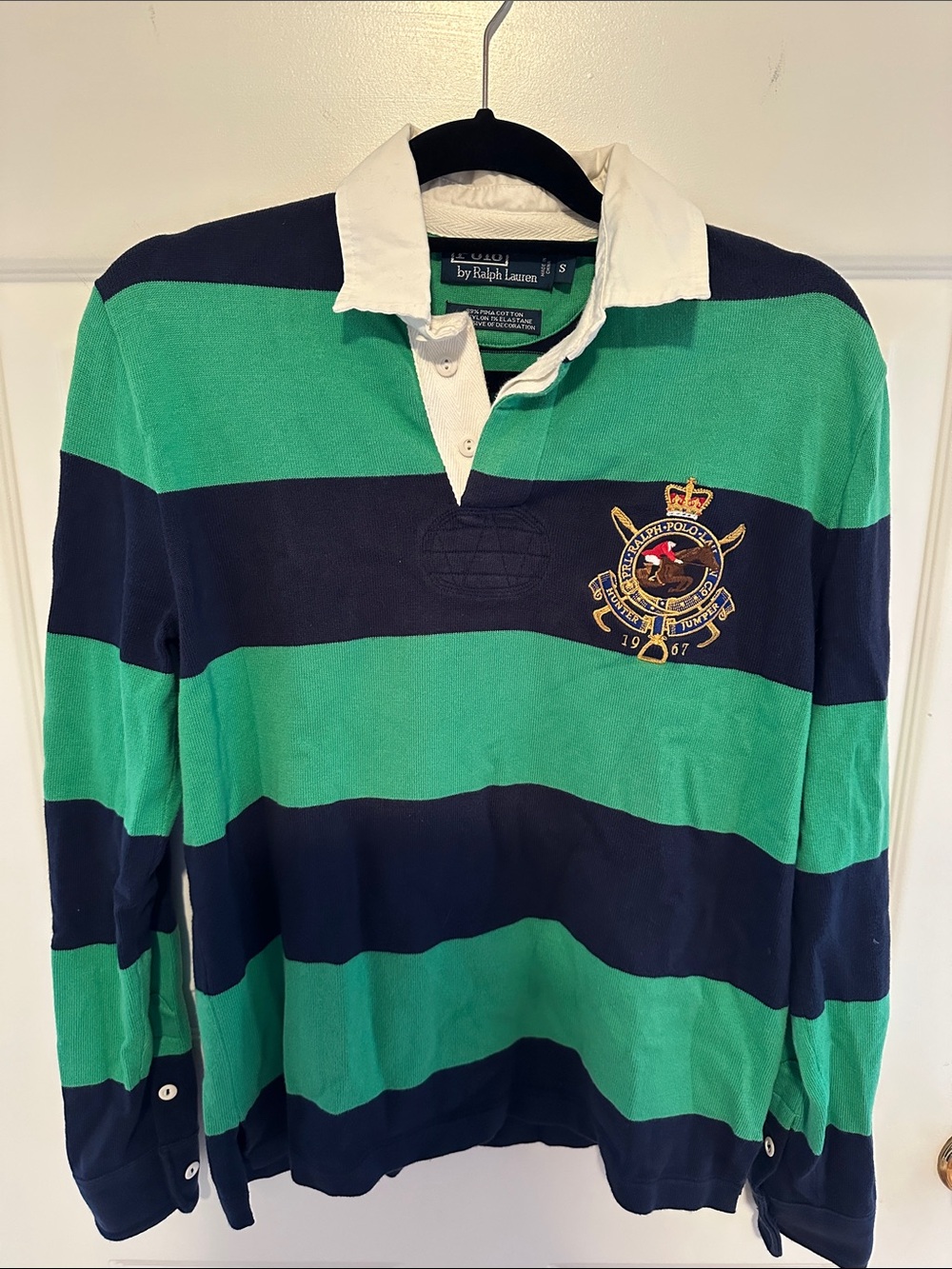 Polo by Ralph Lauren Green & Navy Striped Rugby Shirt size small Iike new